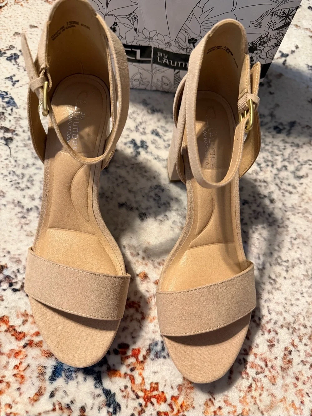 Chinese Laundry Nude/Tan Suede Block Heel Sandals with Ankle Strap